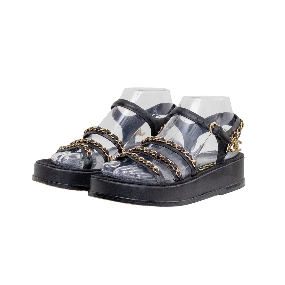 Chanel Black Leather Chain Link Platform Sandals CC Logo G37140 Size 36C